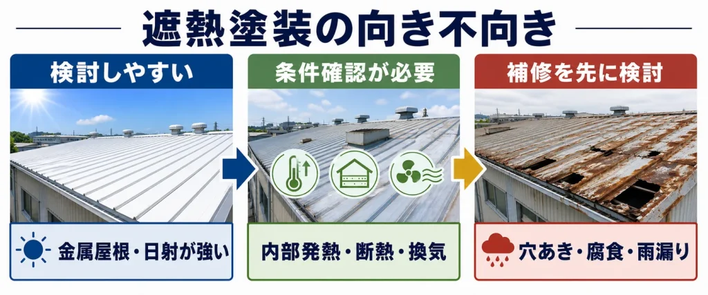工場屋根を遮熱塗装を検討しやすい状態、条件確認が必要な状態、補修を先に検討する状態に分けた図解