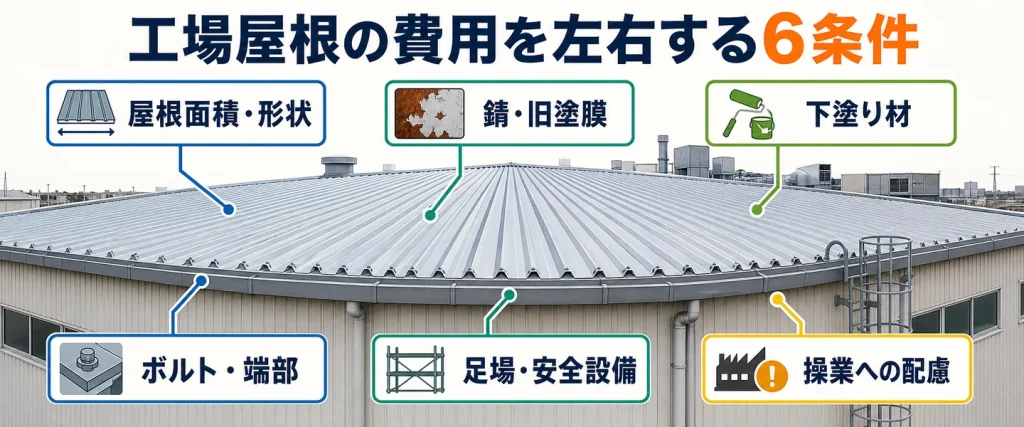 工場屋根の遮熱塗装費用を左右する6条件の図解