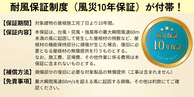 レジリエンスルーフ™には、最大瞬間風速60m/s未満の強風を対象とした特別な耐風保証制度が付帯しています